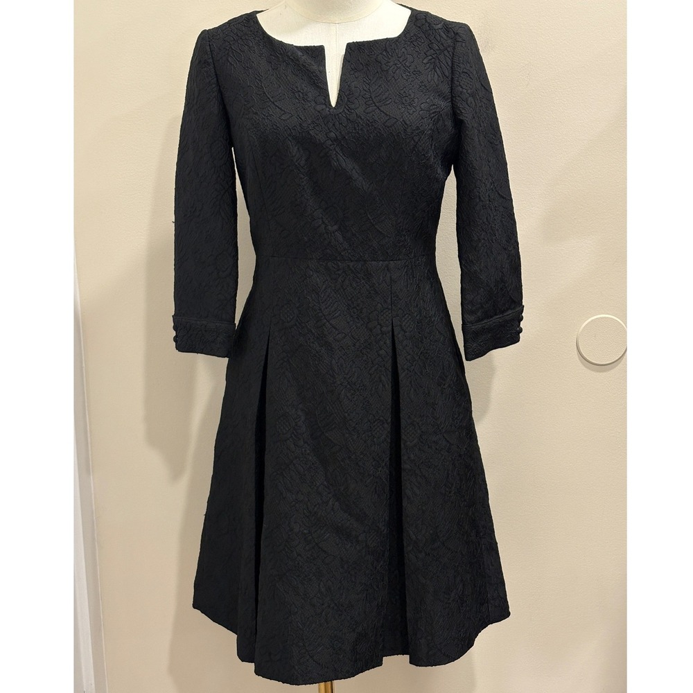 Brooks Brothers Black Floral Jacquard Split Square Neck Fit & Flare Midi Dress 2